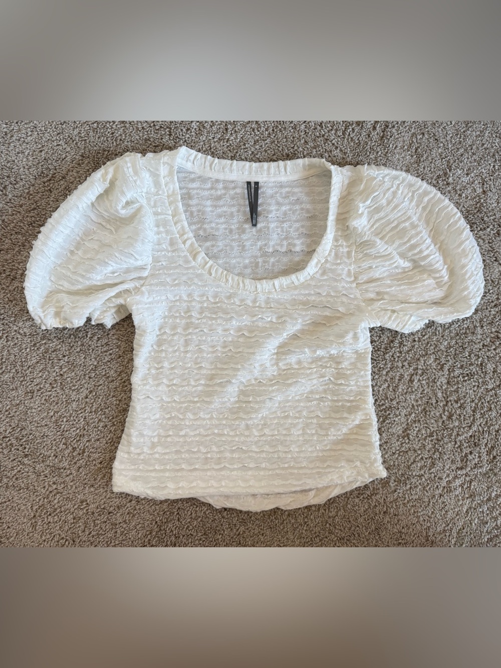 Anthropologie White Textured Scoop-Neck Puff Sleeve Top